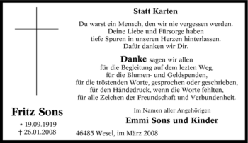 Traueranzeige von Fritz Sons von Tageszeitung
