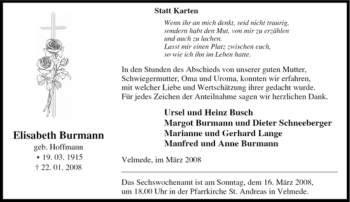 Traueranzeige von Elisabeth Burmann von Tageszeitung