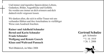 Traueranzeige von Gertrud Schulze von Tageszeitung