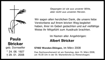 Traueranzeige von Paula Stricker von Tageszeitung