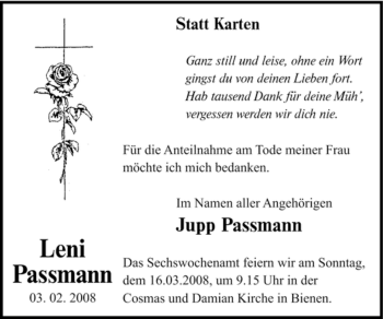 Traueranzeige von Leni Passmann von Tageszeitung