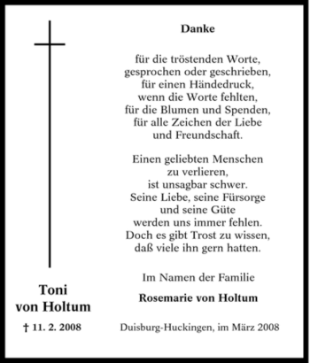 Traueranzeige von Toni von Holtum von Tageszeitung