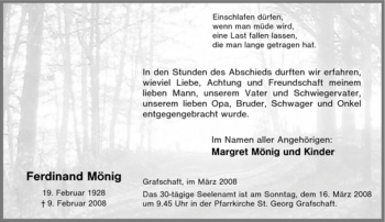 Traueranzeige von Ferdinand Mönig von Tageszeitung