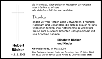 Traueranzeige von Hubert Bäcker von Tageszeitung