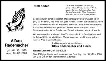 Traueranzeige von Alfons Rademacher von Tageszeitung