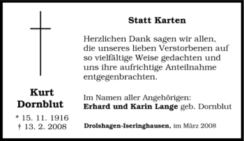 Traueranzeige von Kurt Dornblut von Tageszeitung