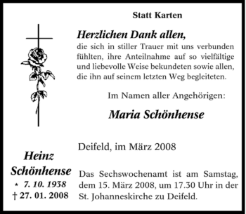 Traueranzeige von Heinz Schönhense von Tageszeitung