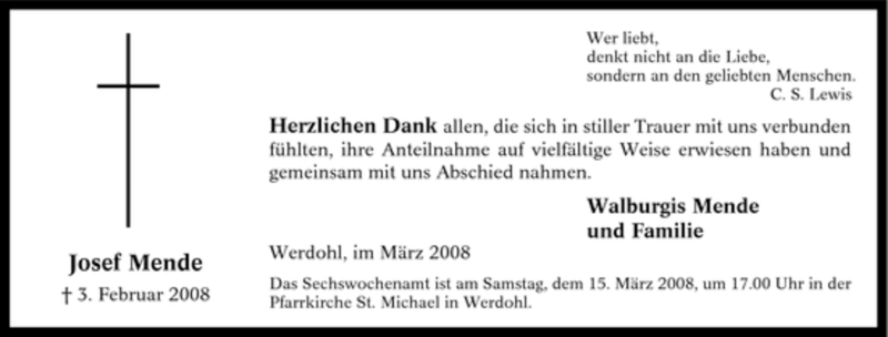  Traueranzeige für Josef Mende vom 13.03.2008 aus Tageszeitung