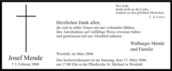Traueranzeige von Josef Mende von Tageszeitung
