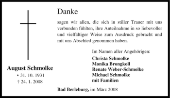 Traueranzeige von August Schmolke von Tageszeitung