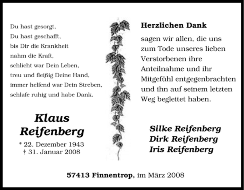  Traueranzeige für Klaus Reifenberg vom 15.03.2008 aus Tageszeitung