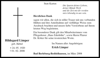 Traueranzeige von Hildegard Limper von Tageszeitung