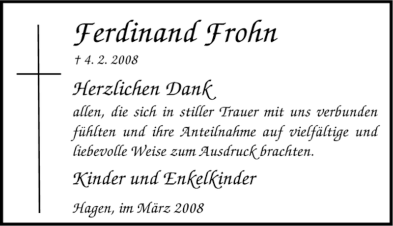  Traueranzeige für Ferdinand Frohn vom 15.03.2008 aus Tageszeitung
