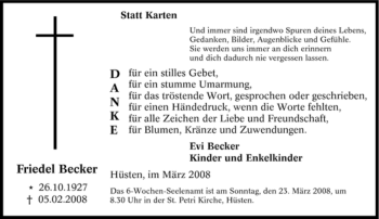 Traueranzeige von Friedel Becker von Tageszeitung