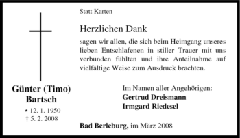 Traueranzeige von Günter Bartsch von Tageszeitung