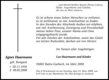 Traueranzeige von Agnes Haarmann von Tageszeitung