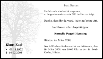 Traueranzeige von Klaus Zaal von Tageszeitung