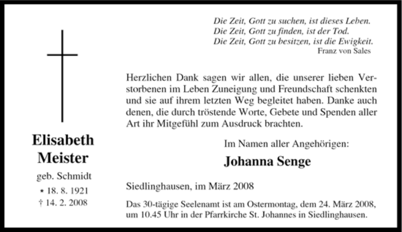  Traueranzeige für Elisabeth Meister vom 15.03.2008 aus Tageszeitung
