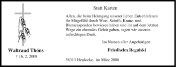 Traueranzeige von Waltraud Thöns von Tageszeitung