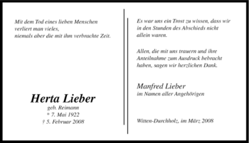 Traueranzeige von Herta Lieber von Tageszeitung