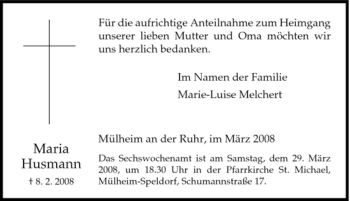 Traueranzeige von Maria Husmann von Tageszeitung
