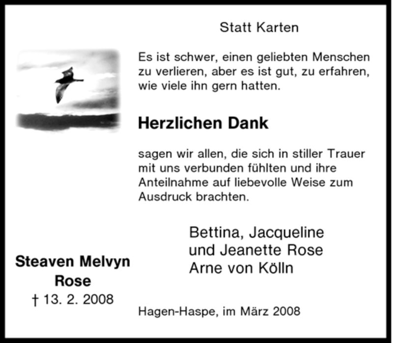 Traueranzeigen von Steaven Melvyn Rose | Trauer-in-NRW.de