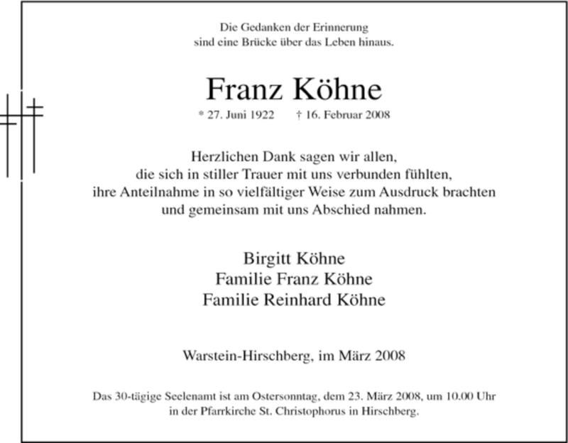  Traueranzeige für Franz Köhne vom 15.03.2008 aus Tageszeitung