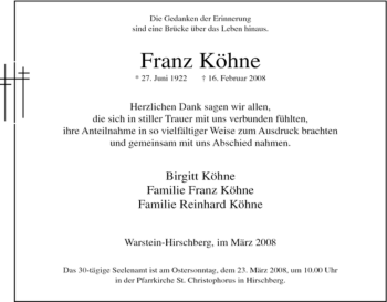 Traueranzeige von Franz Köhne von Tageszeitung
