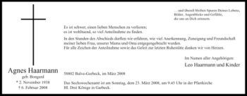 Traueranzeige von Agnes Haarmann von Tageszeitung