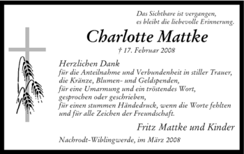 Traueranzeige von Charlotte Mattke von Tageszeitung