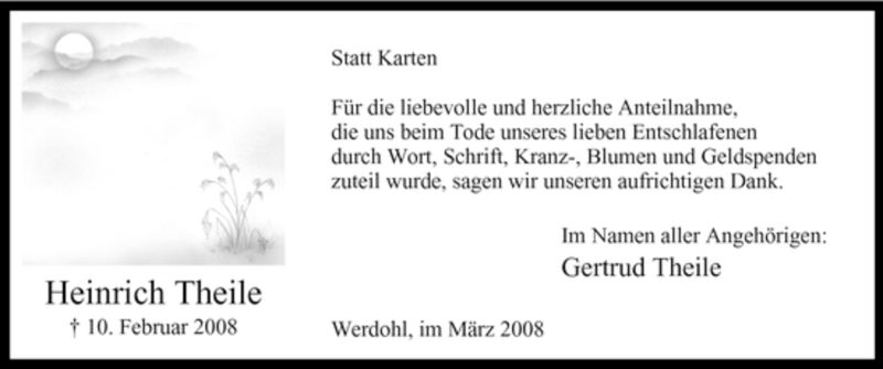  Traueranzeige für Heinrich Theile vom 15.03.2008 aus Tageszeitung