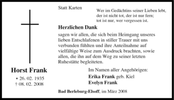 Traueranzeige von Horst Frank von Tageszeitung