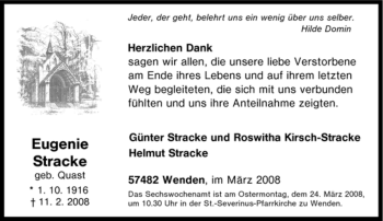 Traueranzeige von Eugenie Stracke von Tageszeitung