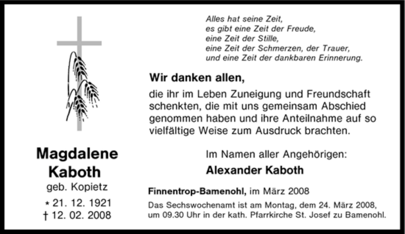  Traueranzeige für Magdalene Kaboth vom 17.03.2008 aus Tageszeitung