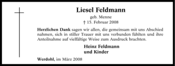 Traueranzeige von Liesel Feldmann von Tageszeitung