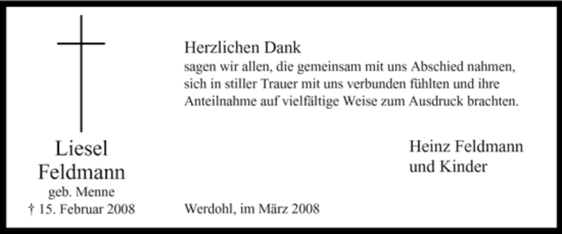  Traueranzeige für Liesel Feldmann vom 17.03.2008 aus Tageszeitung