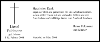 Traueranzeige von Liesel Feldmann von Tageszeitung