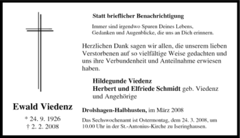 Traueranzeige von Ewald Viedenz von Tageszeitung