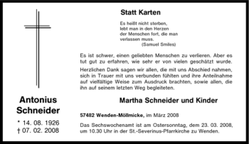 Traueranzeige von Antonius Schneider von Tageszeitung