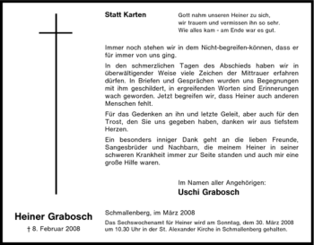 Traueranzeige von Heiner Grabosch von Tageszeitung
