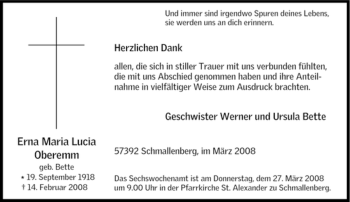 Traueranzeige von Erna Maria Lucia Oberemm von Tageszeitung
