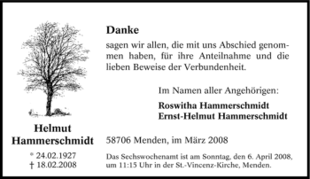 Traueranzeige von Helmut Hammerschmidt von Tageszeitung