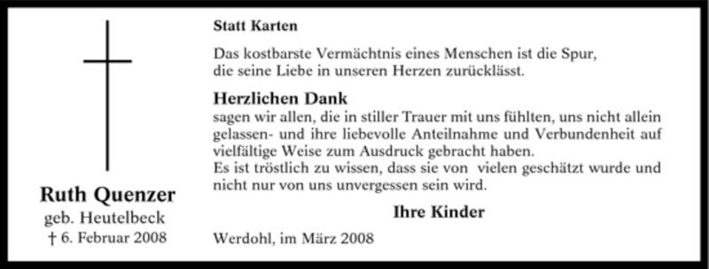  Traueranzeige für Ruth Quenzer vom 20.03.2008 aus Tageszeitung