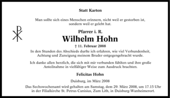 Traueranzeige von Wilhelm Hohn von Tageszeitung