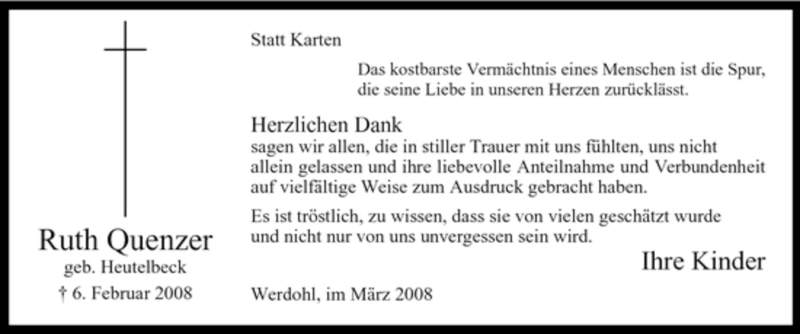  Traueranzeige für Ruth Quenzer vom 20.03.2008 aus Tageszeitung