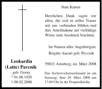 Traueranzeige von Leokardia Pavcnik von Tageszeitung