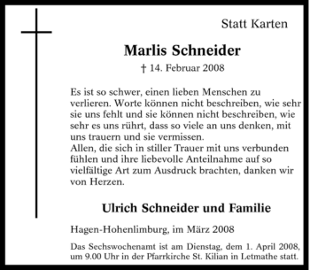 Traueranzeige von Marlis Schneider von Tageszeitung