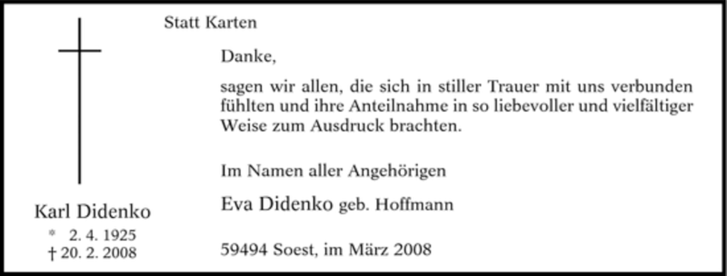  Traueranzeige für Karl Didenko vom 22.03.2008 aus Tageszeitung
