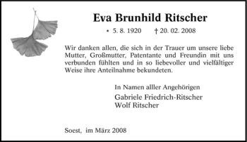 Traueranzeige von Eva Brunhild Ritscher von Tageszeitung