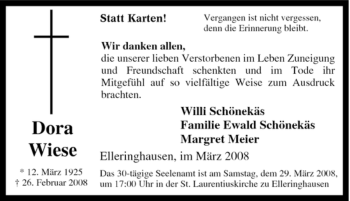 Traueranzeige von Dora Wiese von Tageszeitung
